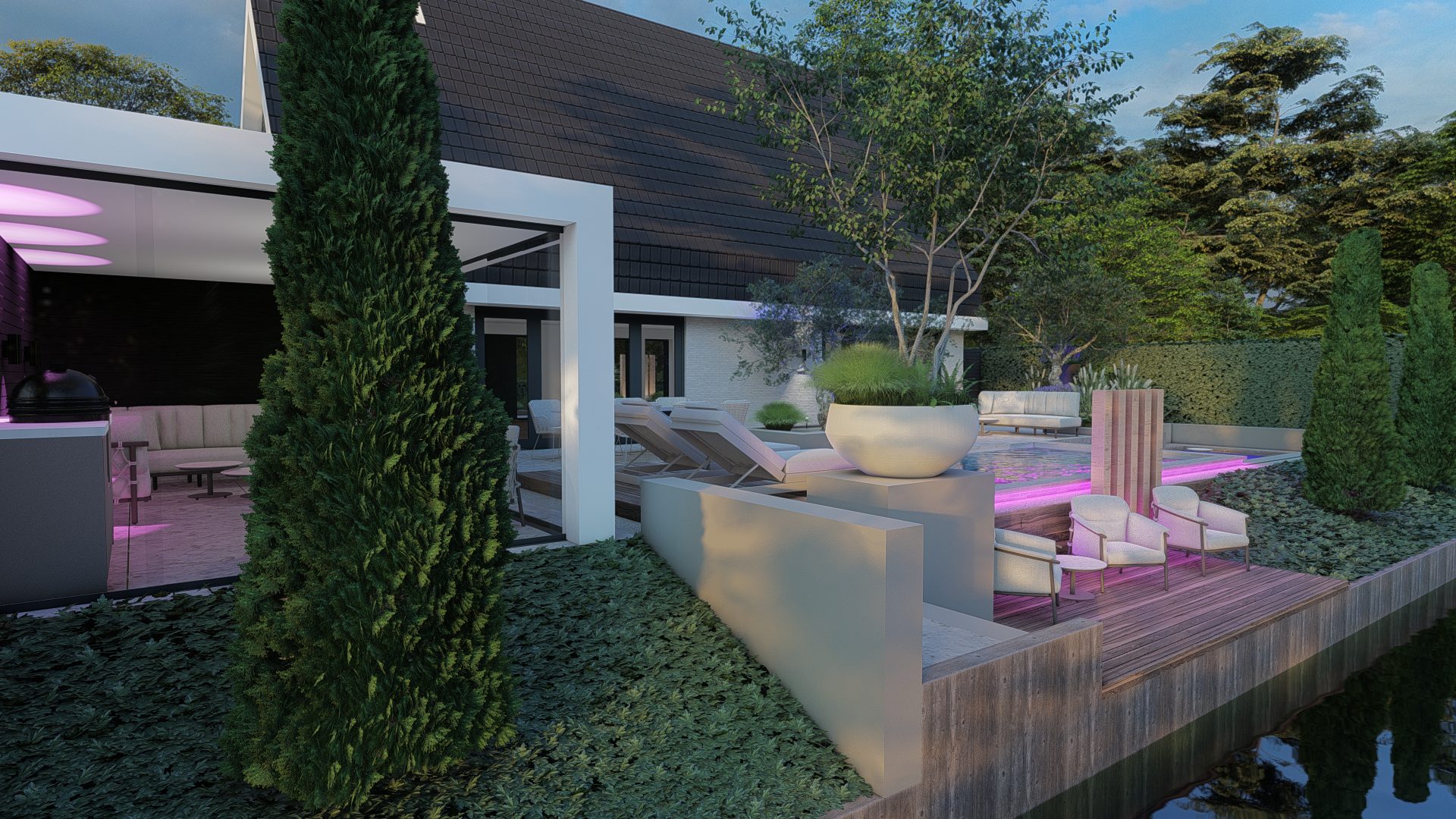 Strak minimalistisch tuinontwerp met poolhouse in Assendelft, Assendelft