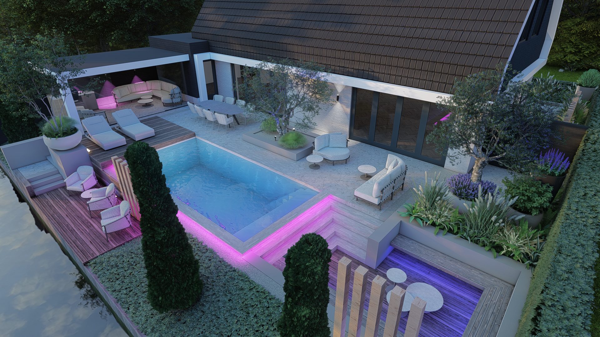 Strak minimalistisch tuinontwerp met poolhouse in Assendelft, Assendelft (3)