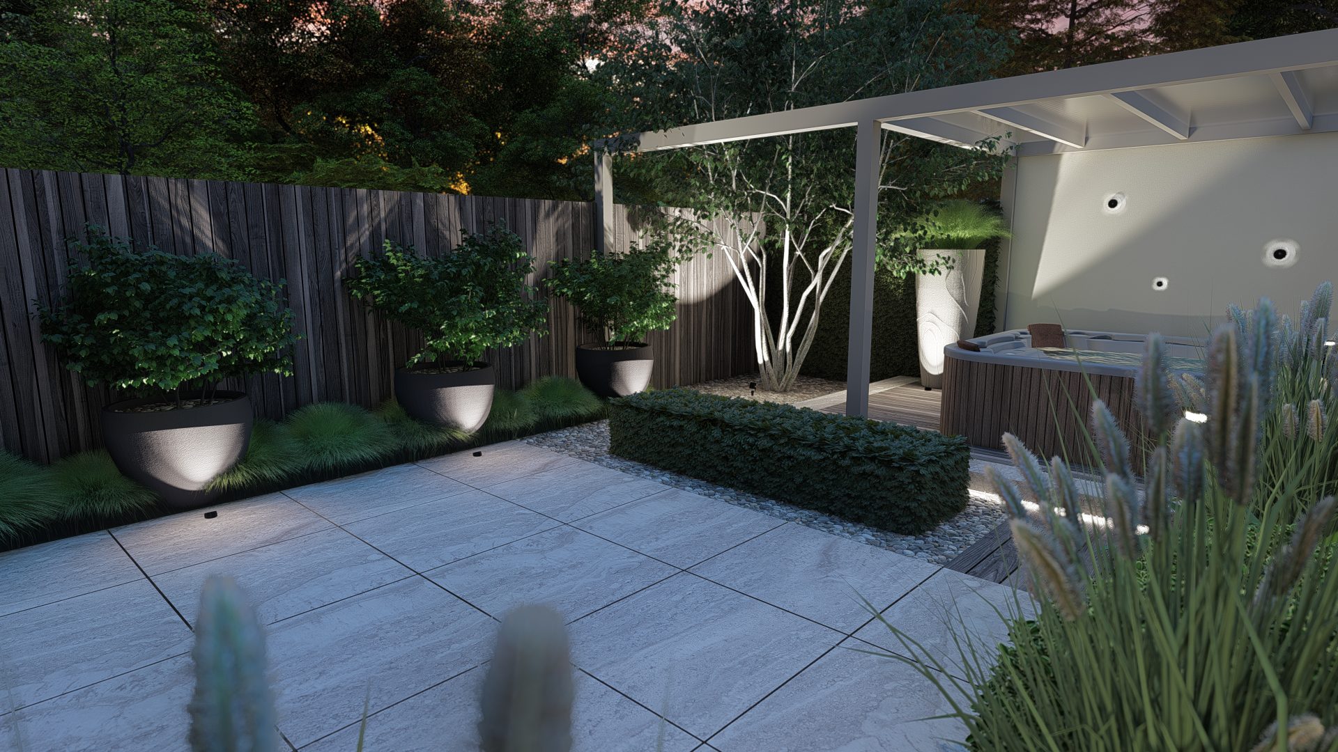 Strakke luxe tuinontwerp met spa en pergola in Amsterdam, Amsterdam