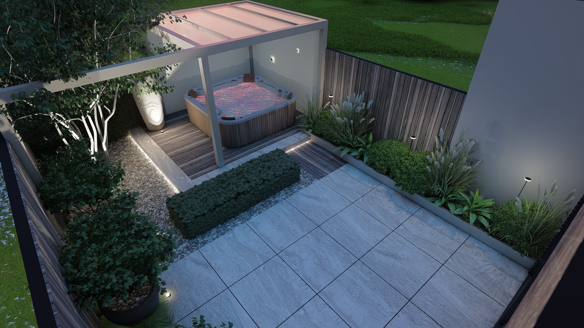 Strakke luxe tuinontwerp met spa en pergola in Amsterdam, Amsterdam (2)