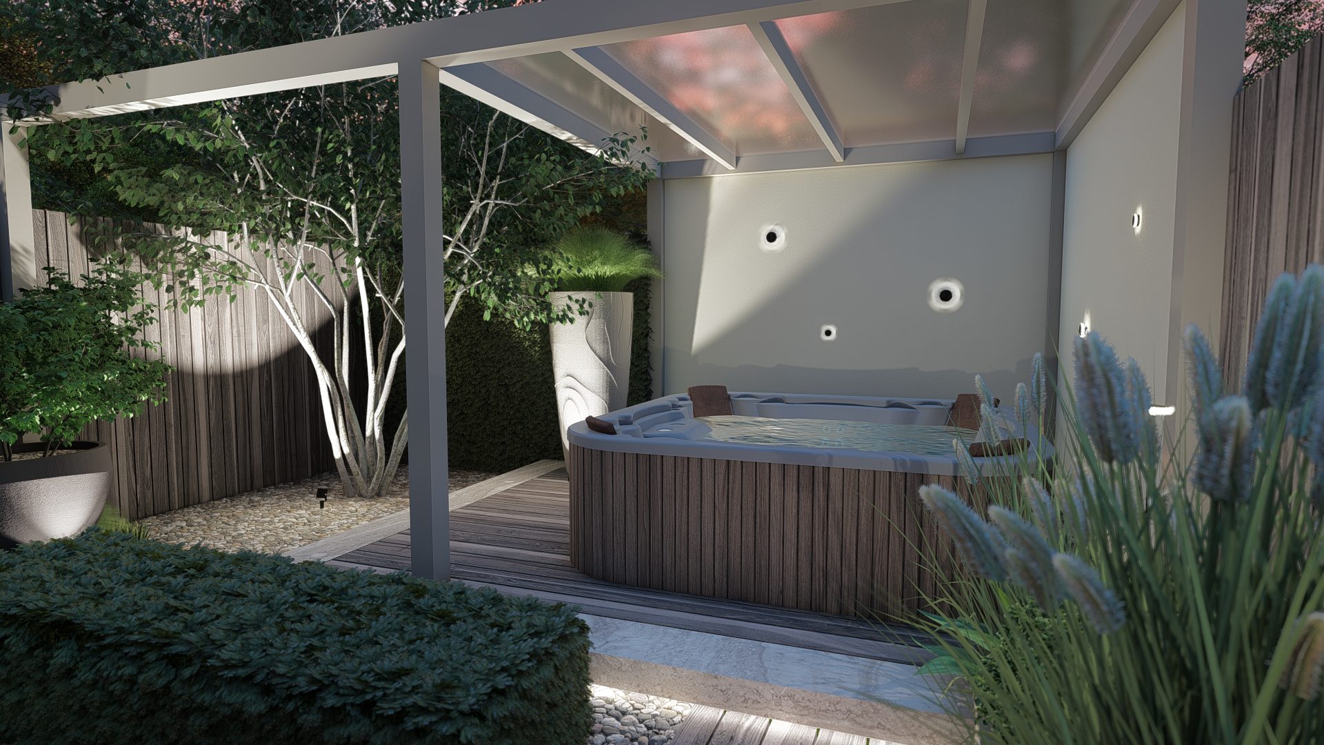 Strakke luxe tuinontwerp met spa en pergola in Amsterdam, Amsterdam (5)