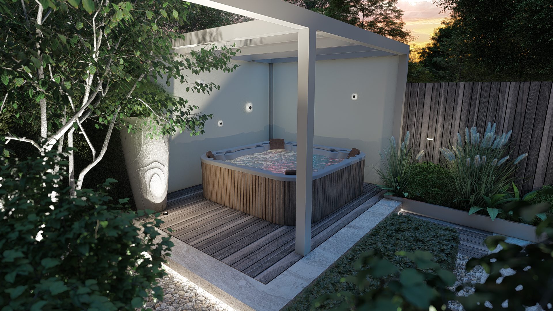 Strakke luxe tuinontwerp met spa en pergola in Amsterdam, Amsterdam (6)