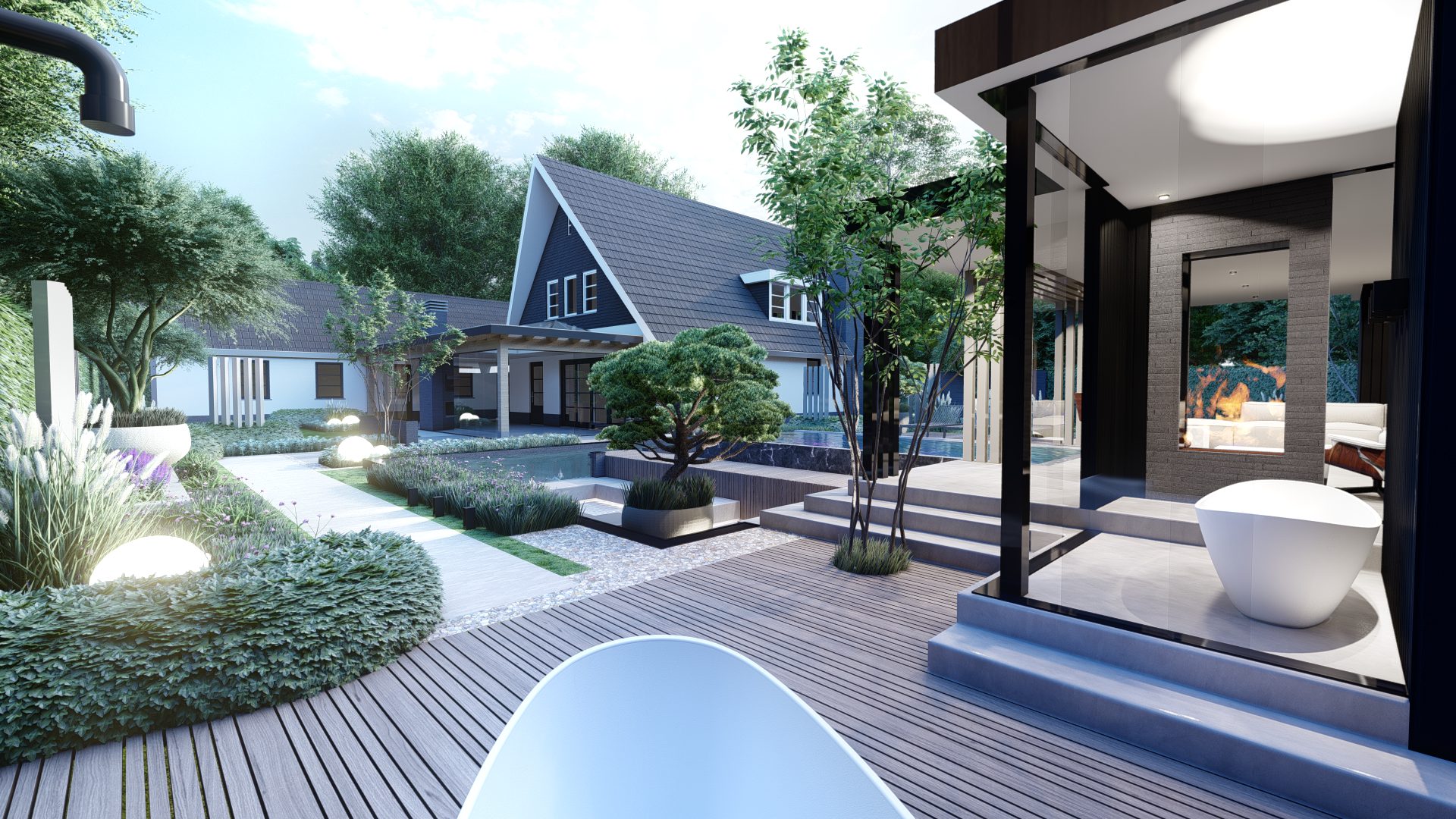 Strak Japandi-tuinontwerp met zwembad in Casteren, Casteren (4)