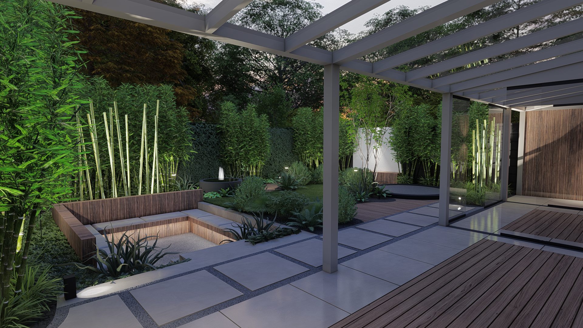 Strak Japandi tuinontwerp in Badhoevedorp met pergola en zitkuil, Badhoevedorp