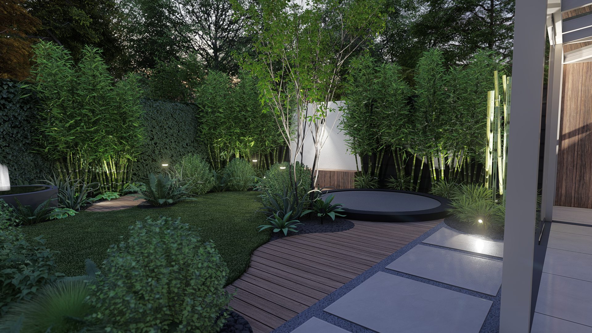 Strak Japandi tuinontwerp in Badhoevedorp met pergola en zitkuil, Badhoevedorp (8)