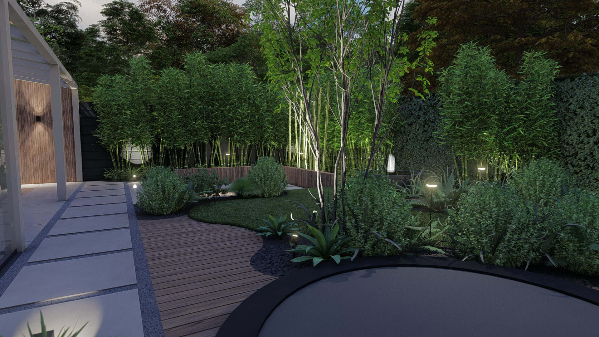 Strak Japandi tuinontwerp in Badhoevedorp met pergola en zitkuil, Badhoevedorp (9)