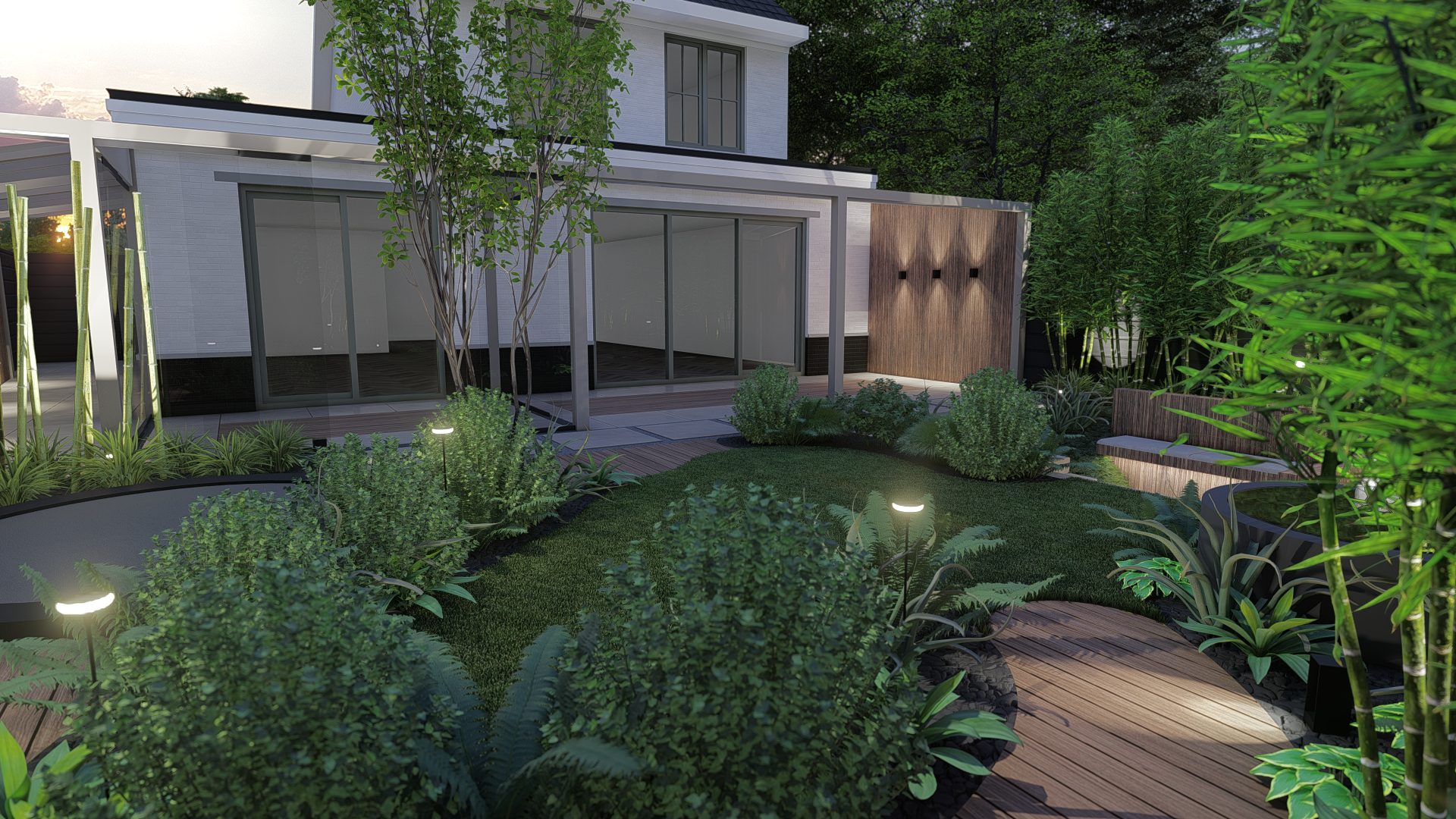 Strak Japandi tuinontwerp in Badhoevedorp met pergola en zitkuil, Badhoevedorp (10)